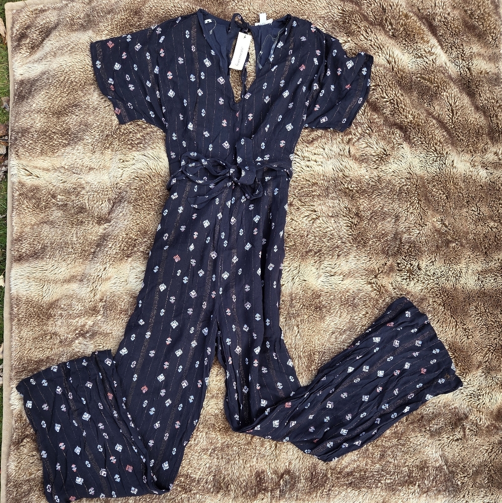 Boho Navy Printed Wide Leg Jumpsuit | Flowy Sleeve One Piece Casual Indie Romper